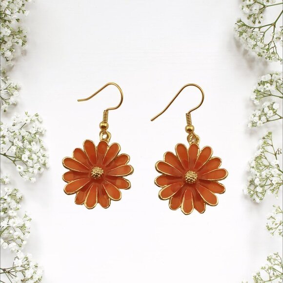 Orange Enamel Daisy Earrings Gold Plated Fish Hook Ear Wires - Picture 1 of 10